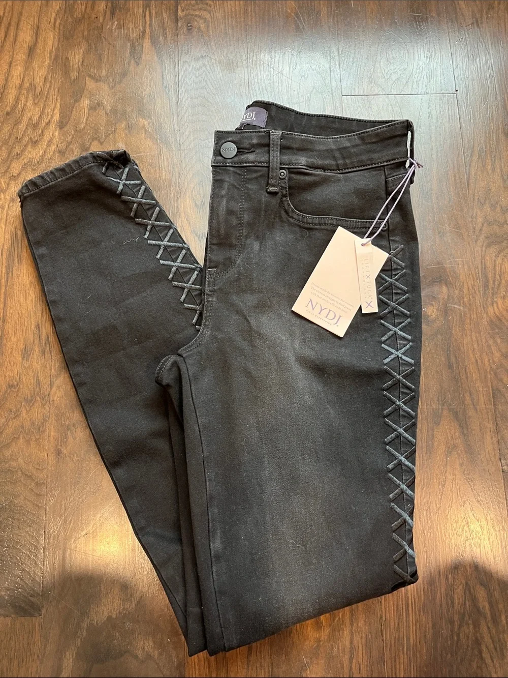 NYDJ Black Skinny Jeans with Side Lace-Up Trim